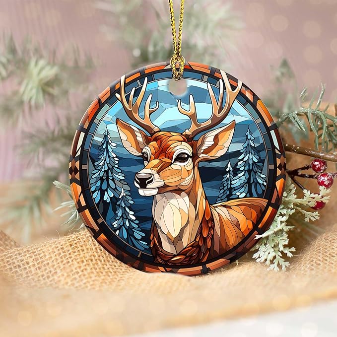 Elk Winter Ornament Round Ceramic Stained Glass Style Ornament Xmas Keepsake for Christmas Tree Winter Holiday Xmas Gift for Women Men Xmas Hanging Ornament 3"