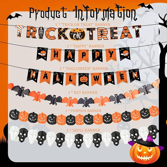 18 Pcs Halloween Party Decorations, Reusable Halloween Decor Indoor, Decorations Kit Included Happy Halloween Banner, Trick or Treat Banner, Ghost Pumpkin Ceiling Hanging Swirls Streamers