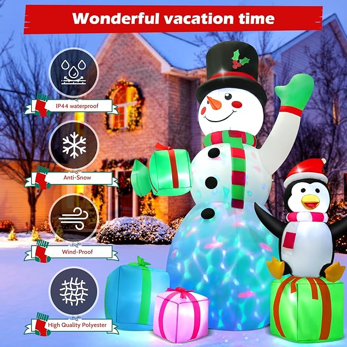7 FT Christmas Inflatable Snowman Outdoor Decoration with Build-in Multicolor LEDs, Snowman with 4 Gifts Blow Up Inflatables Christmas for Yard Garden Lawn Xmas Holiday Decor
