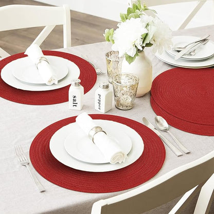 SHACOS Round Placemats Set of 6 Woven Braided Polyester 15 inch Circle Placemat for Dining Tables Kitchen Table Mats Washable for Christmas Home Wedding Party Table Decor (Red, 6)