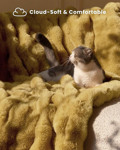 Ultra Soft Cozy Faux Fur Throw Blanket, Fuzzy Plush Thick Bubble Blanket, Oversize Luxury Fluffy Blanket for Couch, Sofa, Bedroom, and Living Room,50x60 Inches, Dark Yellow