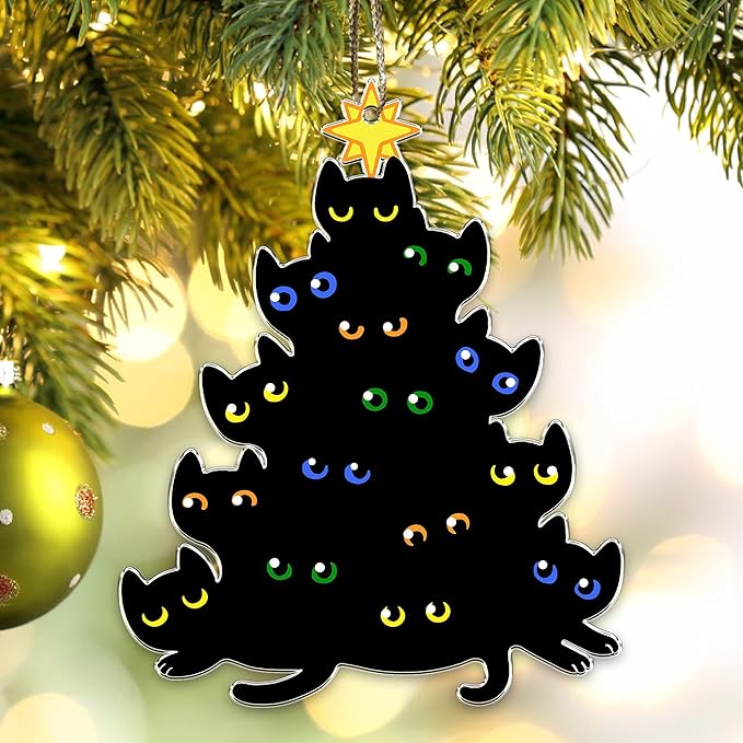 Black Cats Acrylic Christmas Ornament – Cat Eyes Christmas Tree Shape – Funny Cat Lover Holiday Hanging Decoration Gift
