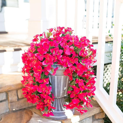 Artificial Faux Bougainvillea Flowers Plants for Outdoor Outside Summer Decoration, 2 PCS Fake Silk Long Trailing Vines UV Resistant Realistic for Front Door Porch Planter Urn Patio Balcony, Hotpink