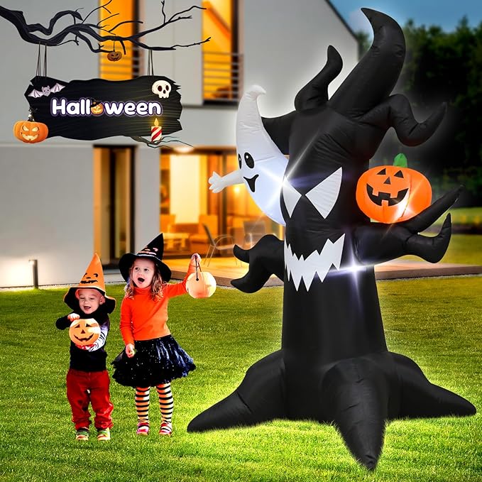 Spooky 6FT Halloween Inflatable Decor Ghost Tree with Pumpkin Indoor Outdoor Haunted Yard Decoration with LED Lights, Halloween Blow Up Lawn Garden Party Decorations