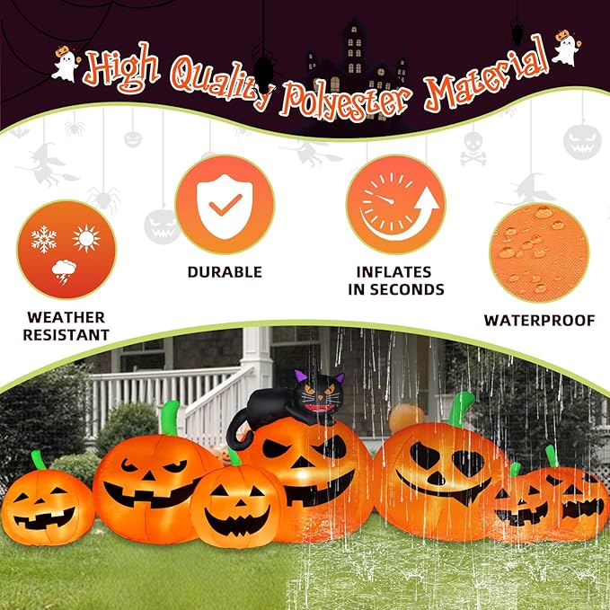 8FT Long Halloween Inflatable Decoration 7 Pumkins with Black Cat with LED Lights Blow Up Inflatable for Halloween Outdoor Indoor Garden Yard Lawn Deco