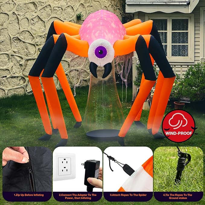 6 x 6FT Halloween Inflatable Decoration Large Spider, Tall Spider Halloween Inflatable Decor Indoor Outdoor Lawn Yard Decor, Halloween Build-in LED & Flame Light Blow Up Spider Decoration