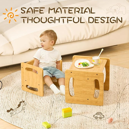 Montessori Weaning Table and Chair Set, Real Hardwood Toddler Table and Chairs Set, for Toddler Reading, Activity, Playing, Snack Time, Step Stool, 1-3 Year Old Kids Montessori Furniture