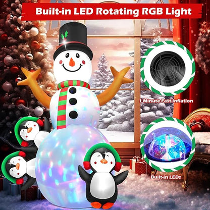 6.3 FT Christmas Inflatable Snowman Outdoor Decoration with Build-in Multicolor LEDs, Snowman with 3 Penguins Blow Up Inflatables Christmas for Yard Garden Lawn Xmas Holiday Decor