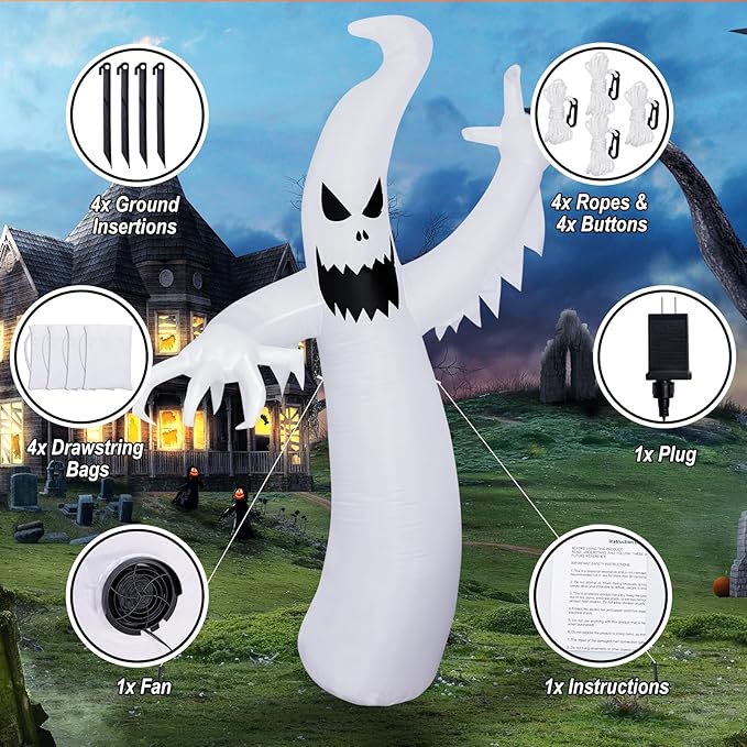 MGparty 8 FT Tall Halloween Inflatables Ghost Decorations Outdoor Indoor Blow Up Yard Decor with Built-in LED Lights Red Disco Lights for Lawn Garden Holiday Party