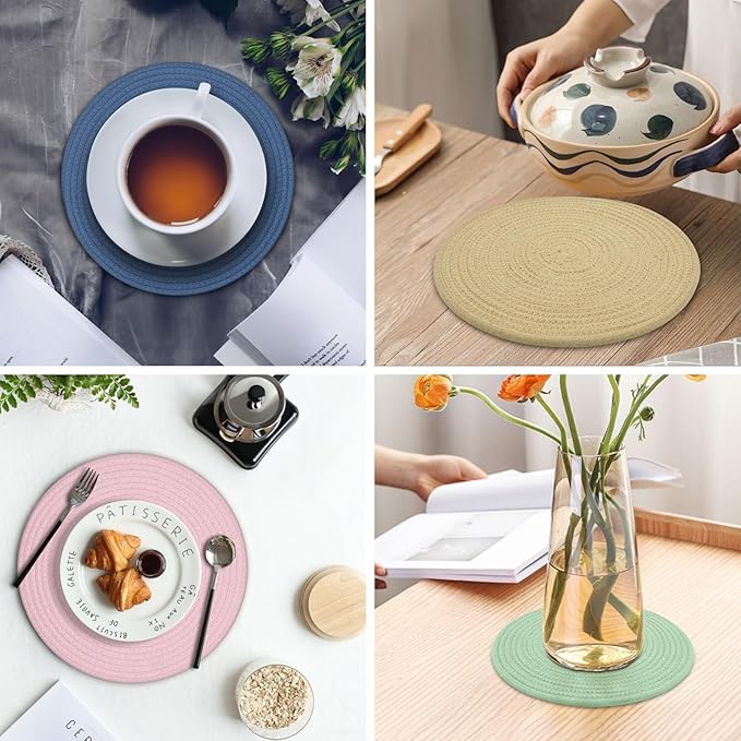 Round Placemats Set of 6, Cotton Rope Woven Table Mats, Hot Pads for Kitchen, Non Slip Heat Resistant Place Mats, 13 Inches Braided Placemat for Farmhouse Decor and Kitchen Table Decor (Pink)