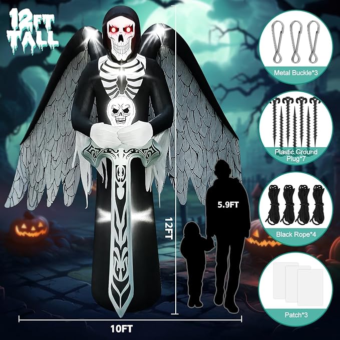 12FT Halloween Inflatables with LED Light, Kalolary Giant Winged Grim Reaper Inflatable Scary Halloween Outdoor Blow Up Decoration Halloween Yard Inflatable for Garden Lawn Home Holiday Party Supplies