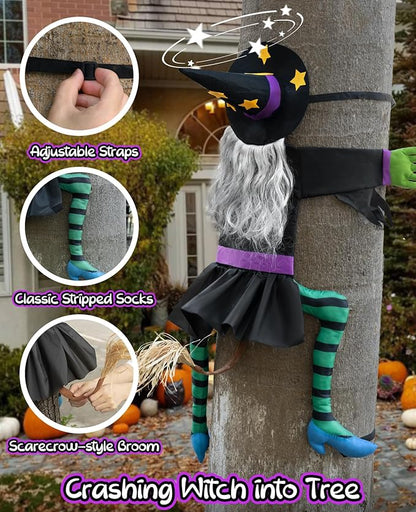 Crashing Witch for Halloween Decorations Outdoor: Hilarious Witch Decor with Adjustable Band for Tree Porch Door