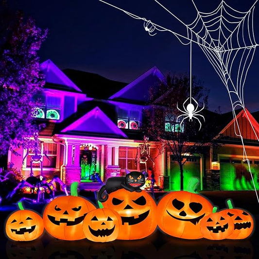 8FT Long Halloween Inflatable Decoration 7 Pumkins with Black Cat with LED Lights Blow Up Inflatable for Halloween Outdoor Indoor Garden Yard Lawn Deco