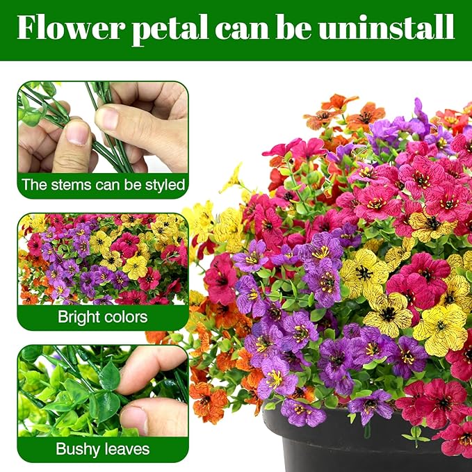 12 Bundles Artificial Fake Flowers for Outdoor Spring Summer Decoration, Faux Plants Flowers Silk Colorful Mix Daisy Realistic UV Resistant for Porch Patio Home Planter Balcony Yard Decor
