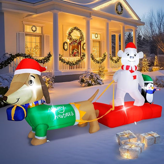 8FT Long Christmas Inflatable Dog Sled with Polar Bear & Penguin, LEDs Lighted Blow Up Outdoor Decoration for Xmas, Weiner Dog Sleigh Décor for Indoor Garden Yard Lawn Party Patio