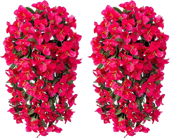 Artificial Faux Bougainvillea Flowers Plants for Outdoor Outside Summer Decoration, 2 PCS Fake Silk Long Trailing Vines UV Resistant Realistic for Front Door Porch Planter Urn Patio Balcony, Hotpink