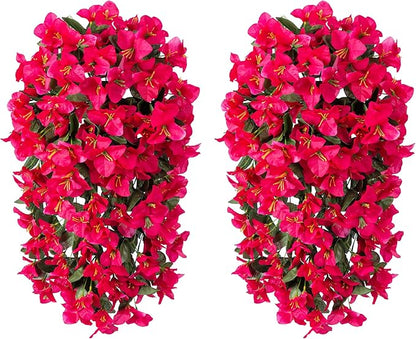 Artificial Faux Bougainvillea Flowers Plants for Outdoor Outside Summer Decoration, 2 PCS Fake Silk Long Trailing Vines UV Resistant Realistic for Front Door Porch Planter Urn Patio Balcony, Hotpink