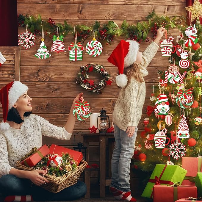 Suzile 36 Pcs Christmas Wooden Ornaments Peppermint Ornaments for Tree Vintage Christmas Decor Red and Green Candy Cane Tree Decorations Xmas Hanging Wood Cutouts Decor for Home Winter Party Wreaths