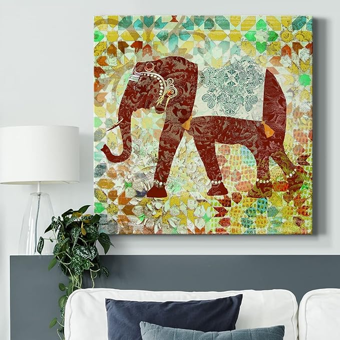 Colorful Animals Painting Wall Art on Canvas Modern Abstract Artwork, Bali Elephant Wall Art, Ready to Hang, 40'' x 40''
