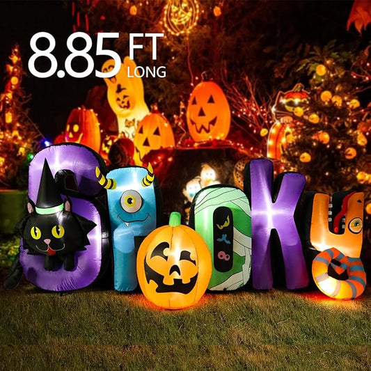 MUMTOP 8.85 Ft Long Inflatable Outdoor Halloween Decoration, Inflatables Spooky Sign with Black Cat Halloween Pumpkin Decorations Blow Up with Built-in LED Lights for Yard Party Holiday Garden Decor
