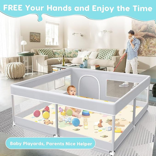 Baby Playpen with Mat, Baby Playard for Toddlers, Sturdy Safety Play Yard with Soft Breathable Mesh, Anti-Fall, 50 * 50 * 27 inches Grey