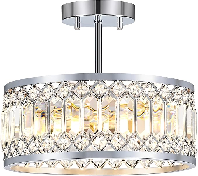 Crystal Ceiling Light Fixture, Modern Semi Flush Mount Ceiling Light, Chrome Lighting Ceiling Chandelier for Kitchen, Bedroom, Dining Room, Hallway, 3-Light, 12.2 Inch