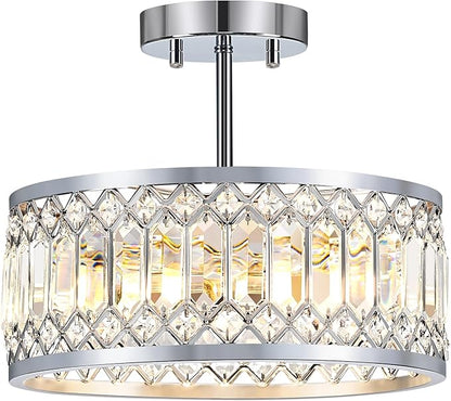 Crystal Ceiling Light Fixture, Modern Semi Flush Mount Ceiling Light, Chrome Lighting Ceiling Chandelier for Kitchen, Bedroom, Dining Room, Hallway, 3-Light, 12.2 Inch