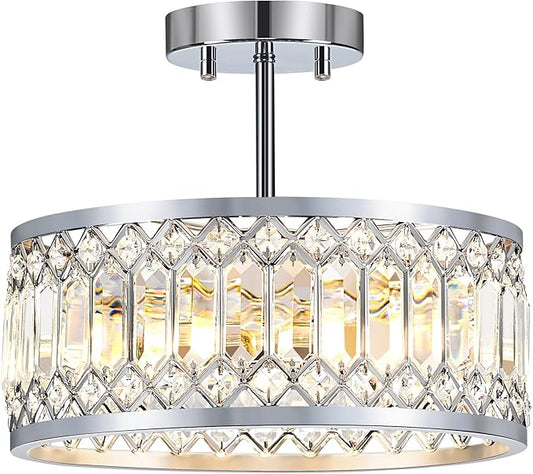 Crystal Ceiling Light Fixture, Modern Semi Flush Mount Ceiling Light, Chrome Lighting Ceiling Chandelier for Kitchen, Bedroom, Dining Room, Hallway, 3-Light, 12.2 Inch