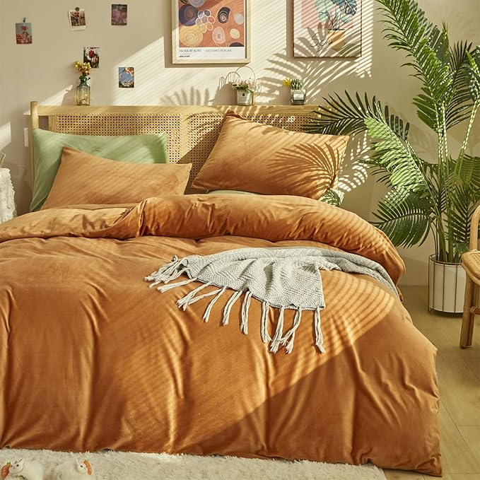 Cottonight Velvet Comforter Set King Pumpkin Rust Bedding Set Flannel Burnt Orange Fluffy Plush Blanket Quilts Soft Thick Warm Terracotta Comforter Set for Women Men King Bed