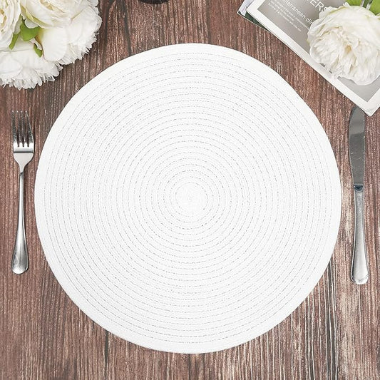 SHACOS Round Braided Placemats Set of 6 Round Table Mats for Dining Table 15 inch Washable Cotton Polyester Place Mat (White, 6)