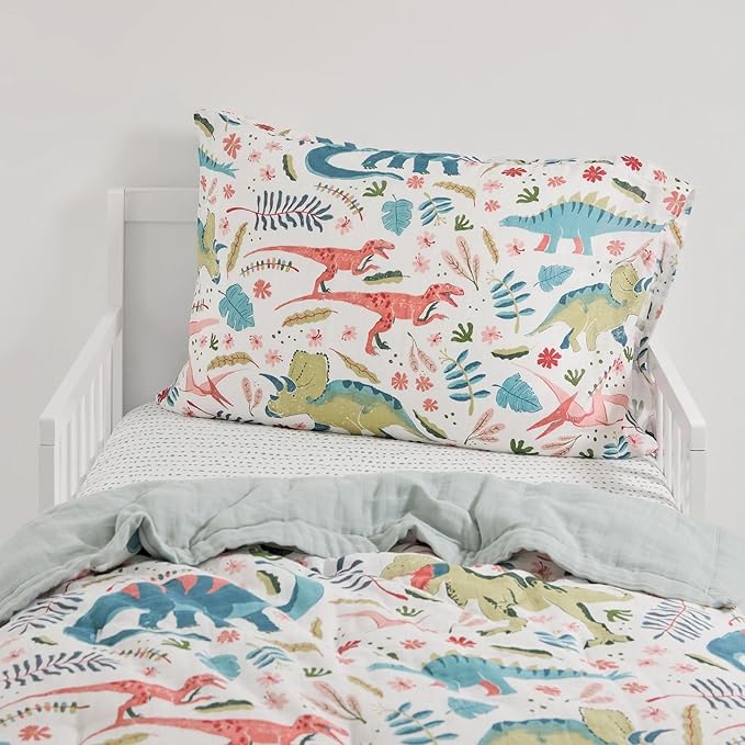 Little Unicorn Toddler Bedding 3-Piece Set | Super Soft & Breathable Muslin Fabric | for Convertible Cribs & Toddler Beds (Boho Dino)