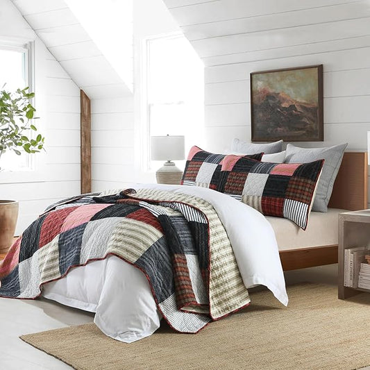 mixinni 100% Cotton Quilt Set for Queen Size Beds, Boho Patchwork Red Checkered Pattern Bedding Comforetr Set, 3-Piece Reversible Lightweight Bedspread Coverlet Set for All Season (90"x98")