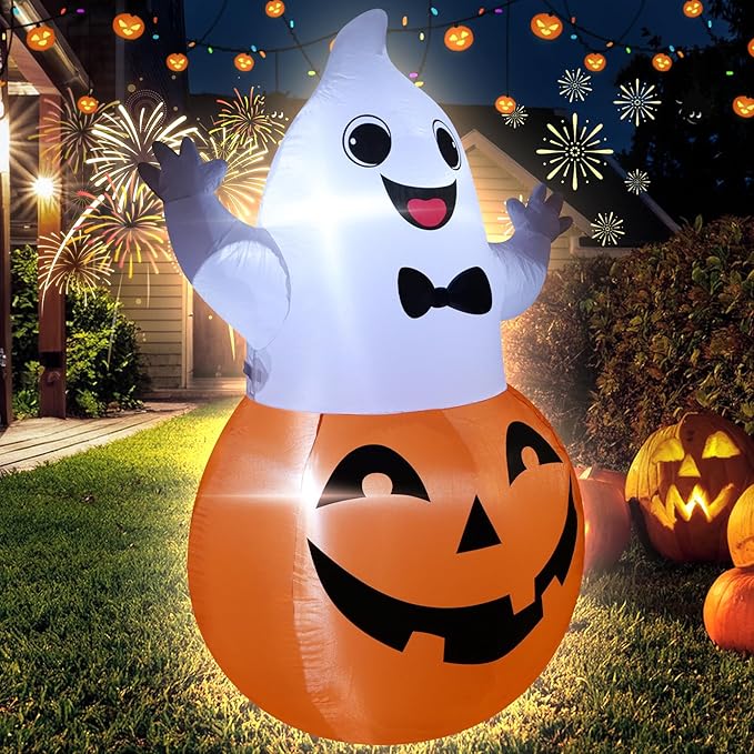 TRMESIA 4FT Halloween Inflatable Decor Spooky Pumpkins Blow up Pumpkin Ghost with LED Lights Indoor Outdoor Lawn Graden Yard Holiday Party Decor