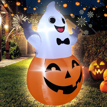 TRMESIA 4FT Halloween Inflatable Decor Spooky Pumpkins Blow up Pumpkin Ghost with LED Lights Indoor Outdoor Lawn Graden Yard Holiday Party Decor