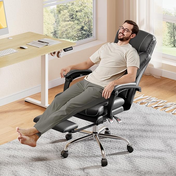 DEVAISE Executive Leather Home Office Chair with Footrest, High Back and Heavy Duty, Comfortable Big and Tall Ergonomic Desk Chair with Lumbar Support, Comfy Reclining, SGS Class 4 Gas Lift, Black