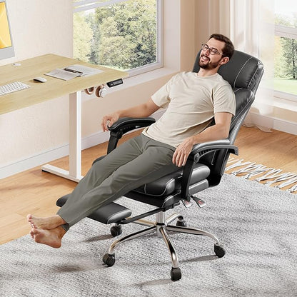 DEVAISE Executive Leather Home Office Chair with Footrest, High Back and Heavy Duty, Comfortable Big and Tall Ergonomic Desk Chair with Lumbar Support, Comfy Reclining, SGS Class 4 Gas Lift, Black