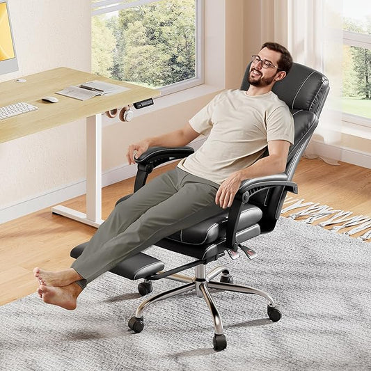 DEVAISE Executive Leather Home Office Chair with Footrest, High Back and Heavy Duty, Comfortable Big and Tall Ergonomic Desk Chair with Lumbar Support, Comfy Reclining, SGS Class 4 Gas Lift, Black