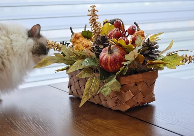 Fall Decor - Faux Pumpkins, Pine Cones, Berries and Maple Leaves in Rectangular Woven Basket for Table Centerpiece, Shelf, Mantel - Autumn Thanksgiving Arrangement for Home Indoor Outdoor - 14" Long