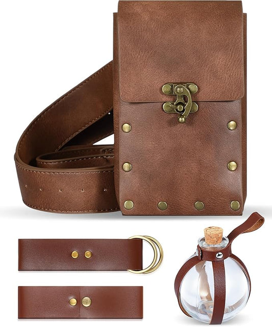 Sweetude 5 Pcs Renaissance Belt Pouch Waist Bag Medieval Skirt Hike Vintage Mug Strap Festival Cork Potion Bottle Leather Belt for Halloween Cosplay Party DIY Crafts Costume Accessory (Brown)