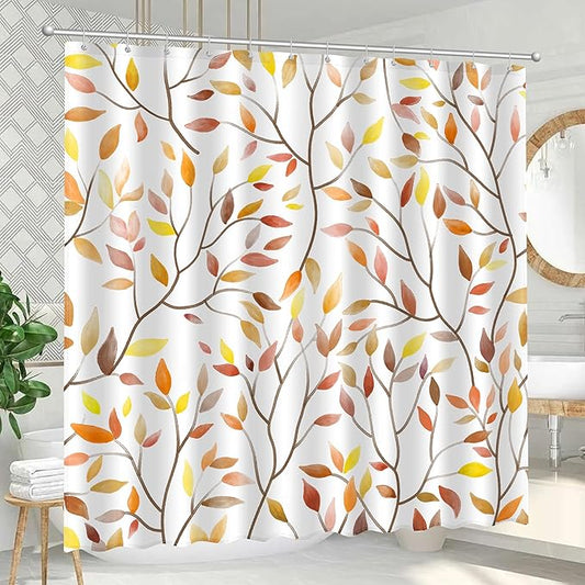 Boho Fall Shower Curtain, Autumn Colorful Botanical Flower Leaves Bohemian Yellow Fabric Shower Curtain Set with 12 Hooks, Bathroom Accessories Decor Cloth Curtain 72x72 Inches