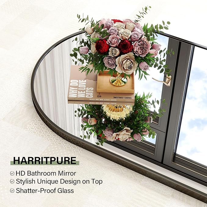 HARRITPURE 20"x30" Arched Bathroom Mirror - Wall Mounted Mirror - Black Arch Mirror - Aluminum Alloy Frame Bathroom Mirror Living Room, Bedroom, Bathroom and Entryway