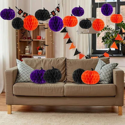 15Pcs Halloween Honeycomb Decorations, Orange Purple Black Pumpkin Paper Honeycomb Balls Halloween Hanging Ornaments for Party Favor Supplies