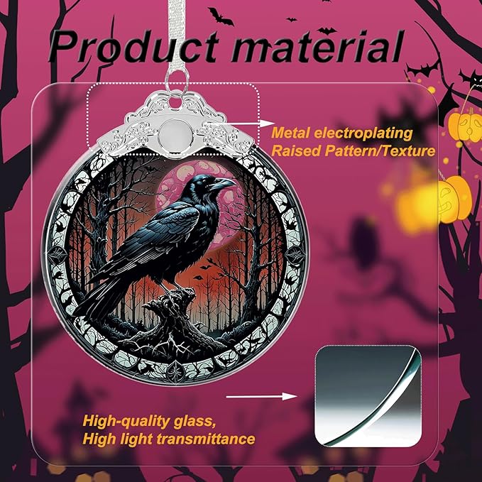Crow Under Moonlight Halloween Christmas Tree Stained Glass Ornament - Hanging Ornaments for Christmas Tree Decorations - Holiday Keepsake Present Exchange Idea