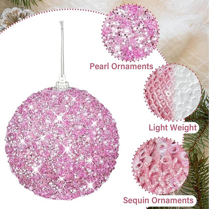 3.15" Christmas Ball Ornaments Glitter Shatterproof Christmas Tree Ornaments Sequin Xmas Hanging Balls Decorations for Wedding Party Holiday(Pink)