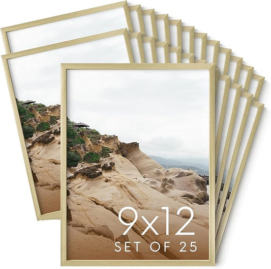HAUS AND HUES 9x12 Gold Metal Picture Frames - Features Premium Aluminum, Vertical & Horizontal Hang, Shatterproof Plexiglass - Ideal for Home, Room, Office (9x12 in, Gold, Set of 25)