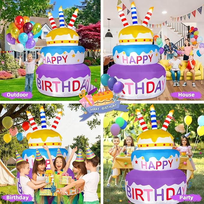 B&D 6FT Happy Birthday Cake Inflatable Decoration, Rotating Cake with Three Colors, Sparkling LED Lights, Eye-catching Outdoor, Indoor Decor for Birthday Party, Holiday, Light Up for Lawn Yard Garden