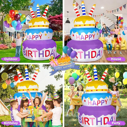 B&D 6FT Happy Birthday Cake Inflatable Decoration, Rotating Cake with Three Colors, Sparkling LED Lights, Eye-catching Outdoor, Indoor Decor for Birthday Party, Holiday, Light Up for Lawn Yard Garden