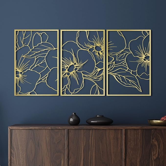 Vivegate Gold Minimalist Floral Single Line Metal Wall Art Decor - 18"X12" 3 Packs Gold Floral Abstract Minimalist Lines Wall signs for Hanging home wall decor