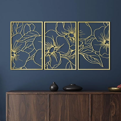 Vivegate Gold Minimalist Floral Single Line Metal Wall Art Decor - 18"X12" 3 Packs Gold Floral Abstract Minimalist Lines Wall signs for Hanging home wall decor