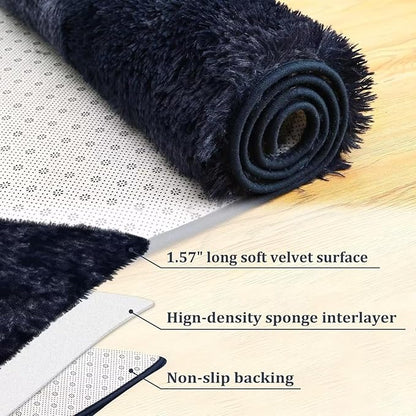 Bedroom Rug 2x6 Runner Rugs Fluffy Shaggy Bedside Hallway Entryway Rugs Soft Plush Floor Carpet for Nursery Kids Room Non Slip Fuzzy Rug Shag Faux Fur Rug for Living Room, Tie Dye Navy